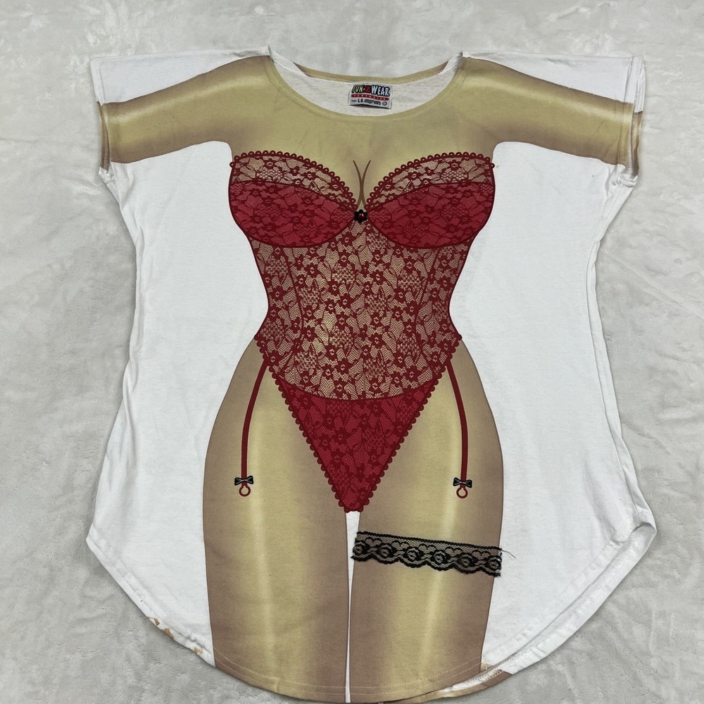 Fun 2 Wear Novelty T-Shirt Women One Size White Red Lace Lingerie Bikini Body